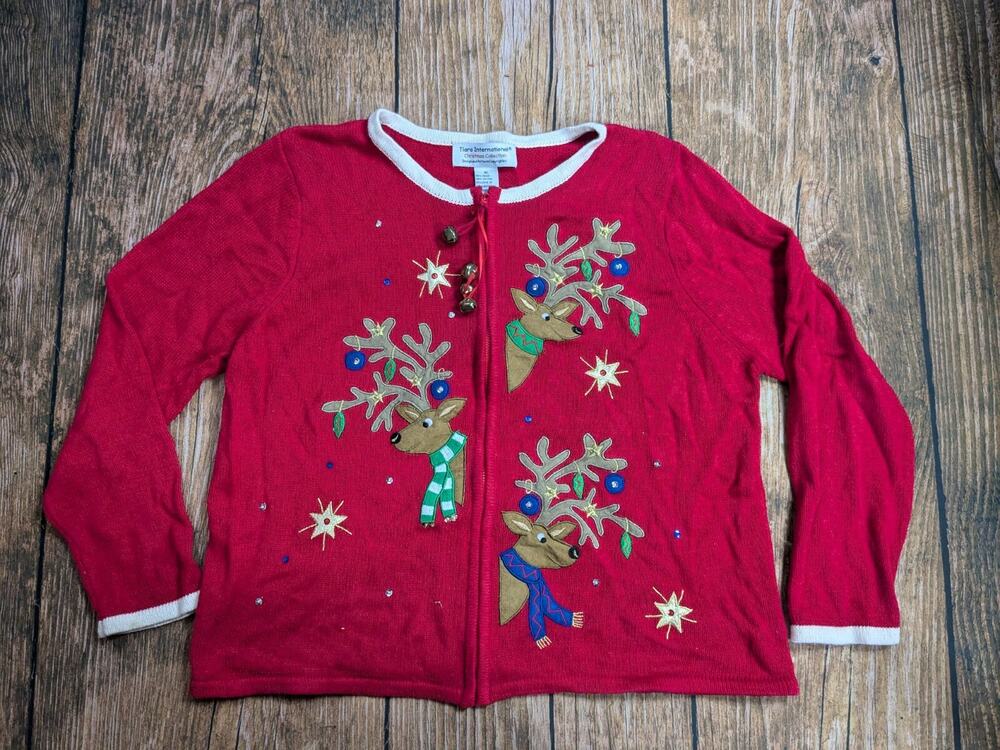 Tiara International Christmas Collection Red Reindeer Bells Cardigan Size XL